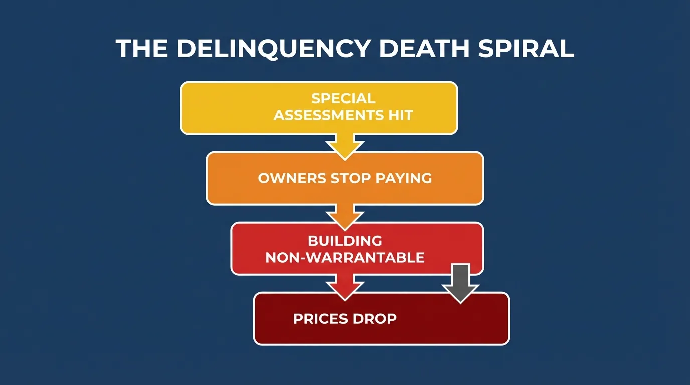 The delinquency death spiral: special assessments hit, owners stop paying, building becomes non-warrantable, prices drop