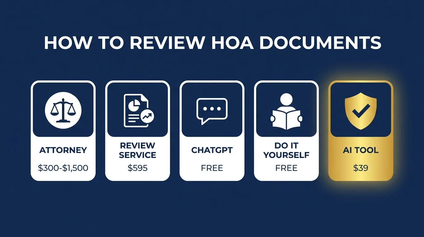 Comparison of the cost and coverage of an attorney review, a financial review service, free ChatGPT, doing it yourself, and a purpose-built AI tool