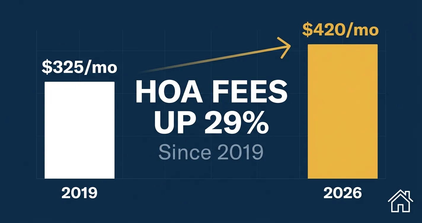 Bar chart: HOA fees up 29% since 2019, median condo fee rose from $325/month in 2019 to $420/month in 2026