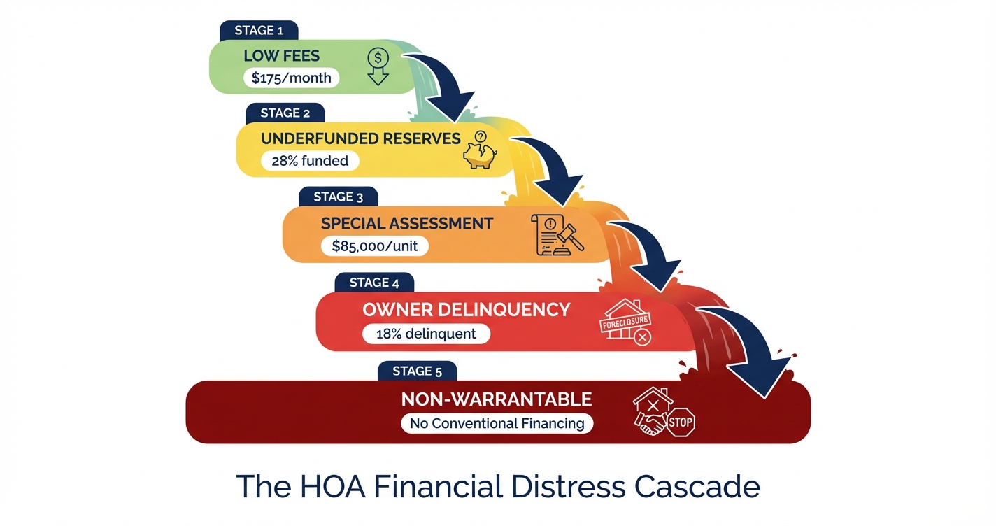 HOA Financial Health Cascade: Low Fees lead to Underfunded Reserves, then Special Assessments, then Delinquencies, then Non-Warrantable status