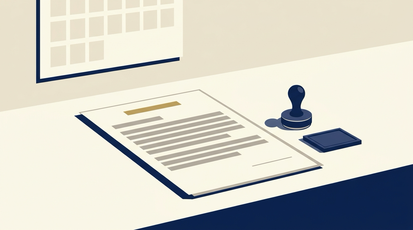 A flat vector illustration of a recorded property document on a desk beside an official seal stamp and ink pad, with a blank wall calendar behind it