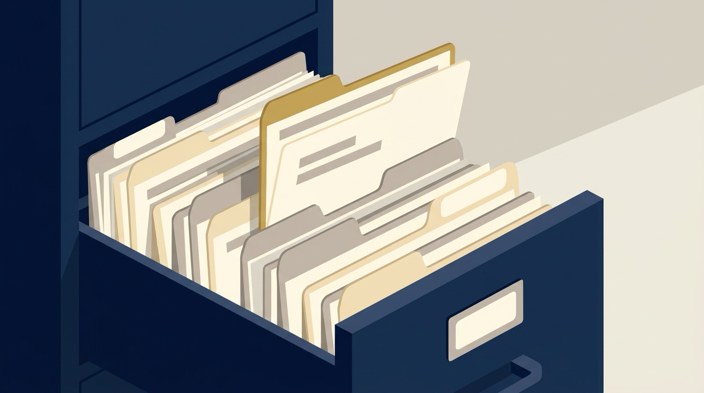 A flat vector illustration of an open filing cabinet drawer of uniform document folders, with one gold-tabbed folder raised above the rest