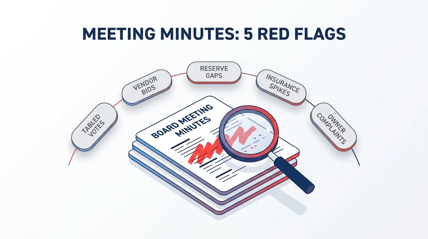 HOA meeting minutes pages with five red-flag patterns highlighted