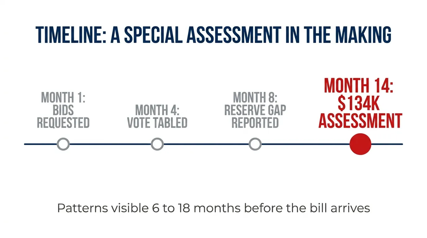 Timeline showing how a special assessment forms across 14 months: bids requested, vote tabled, reserve gap reported, then a $134K assessment