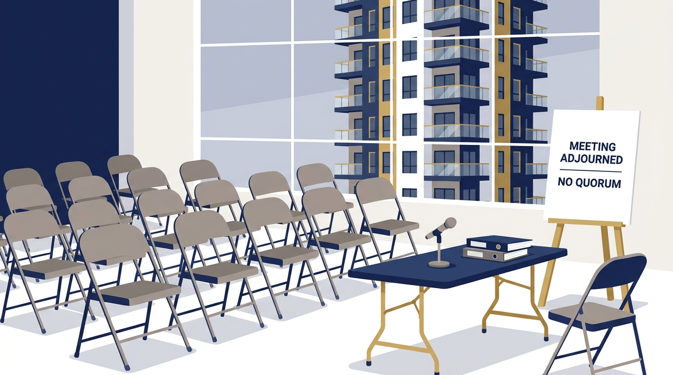 An empty HOA annual meeting room with rows of unfilled chairs and a sign reading Meeting Adjourned for Lack of Quorum, a condo building visible through the window