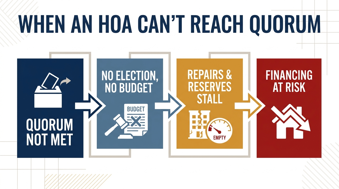 Infographic showing how a failed HOA quorum cascades from no valid election and no ratified budget, to stalled repairs and underfunded reserves, to financing risk for buyers