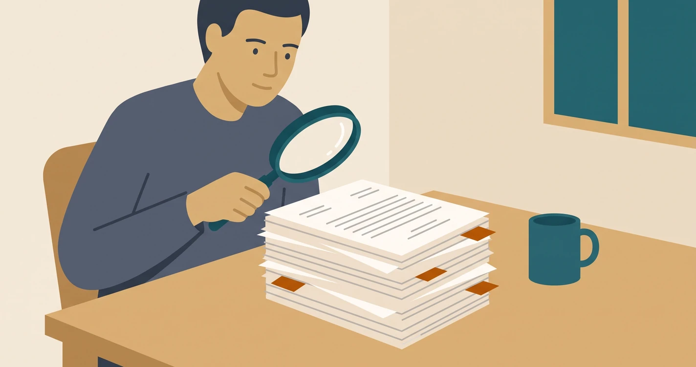 Illustration of a home buyer at a kitchen table examining a stack of HOA documents with a magnifying glass, several pages marked with amber flags