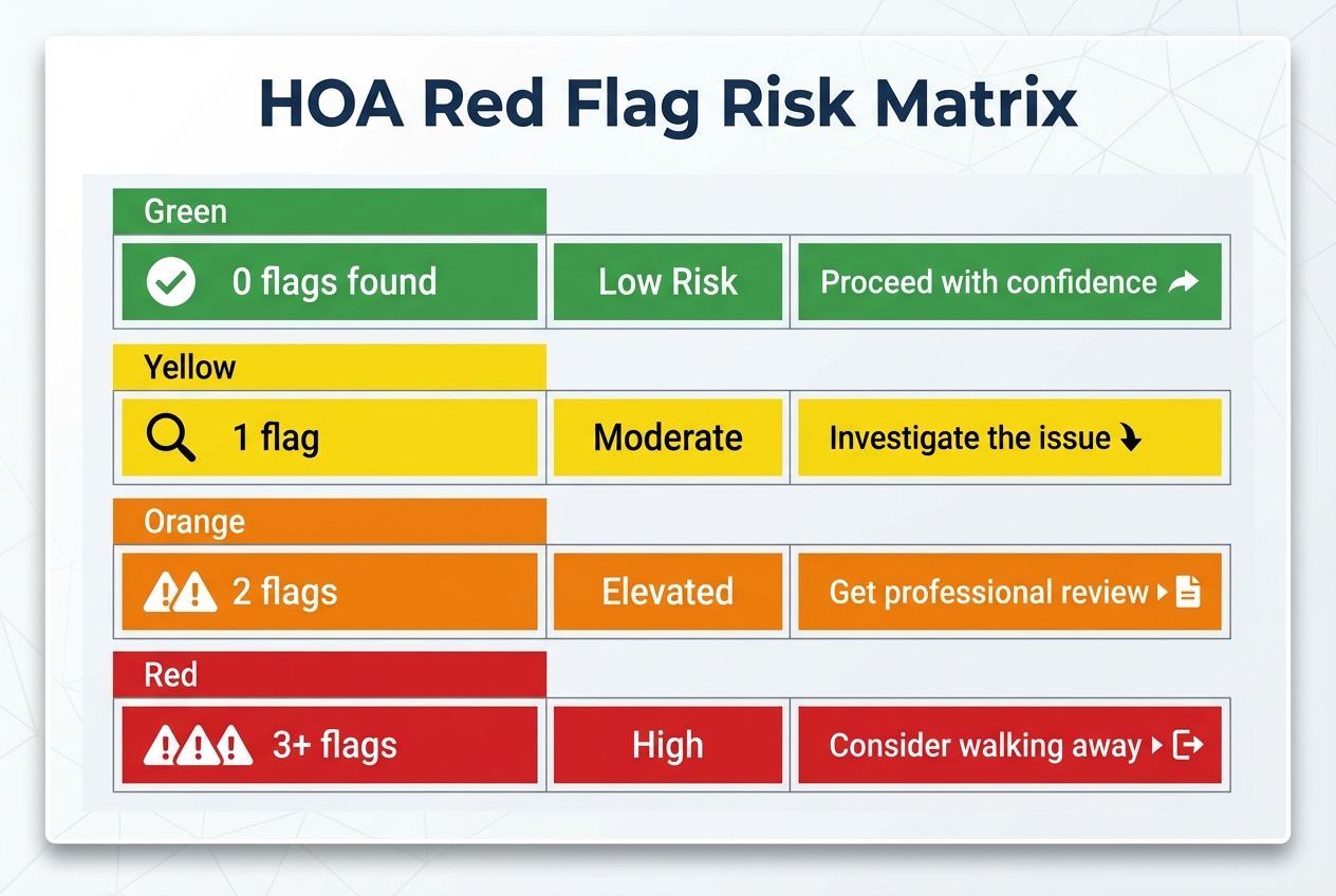 HOA Red Flag Risk Matrix - 0 to 3+ flags with risk levels