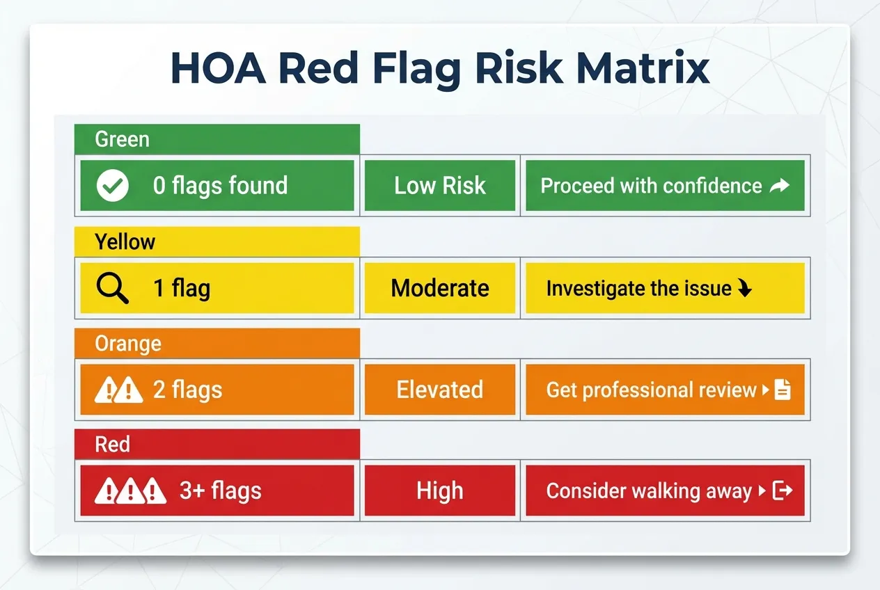 HOA Red Flag Risk Matrix - 0 to 3+ flags with risk levels