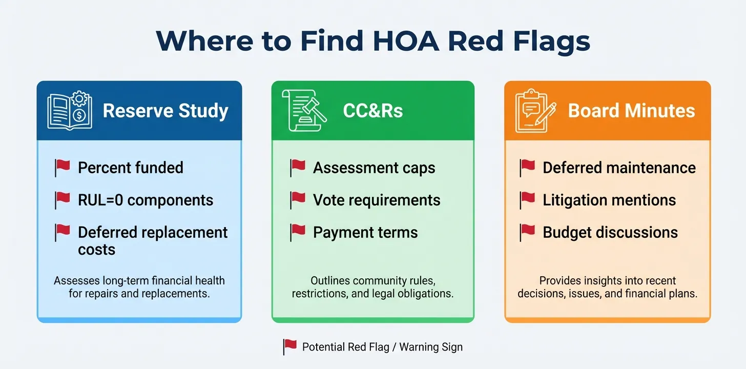Where to find HOA red flags - reserve study, CC&Rs, and board minutes