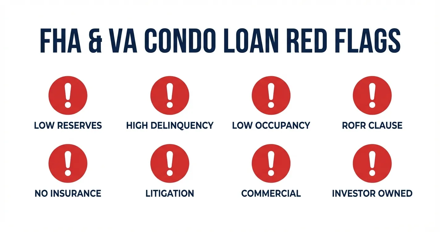 HOA document red flags that prevent FHA and VA condo loan approval - reserve funding, delinquency, and owner occupancy requirements