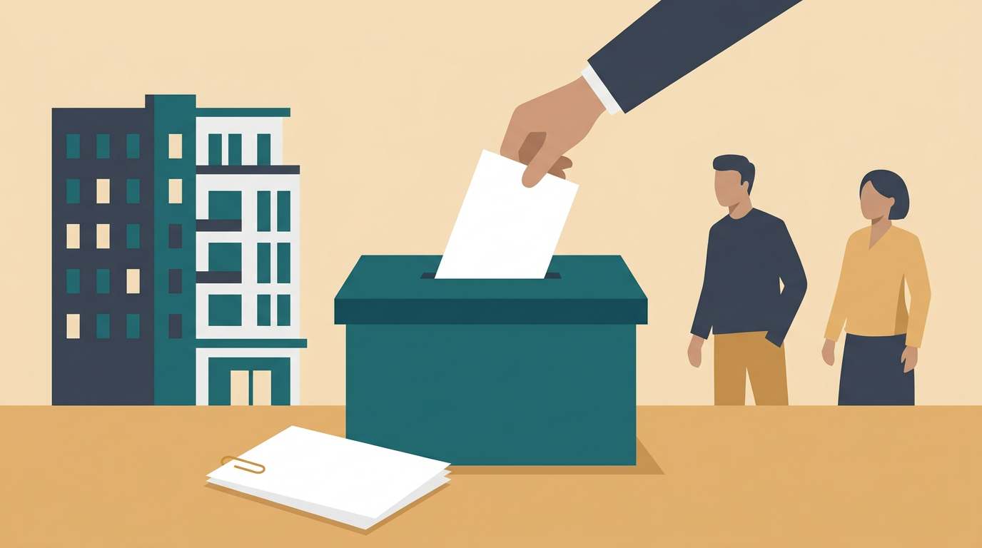 A flat illustration of a ballot box beside a condo building and a stack of HOA documents