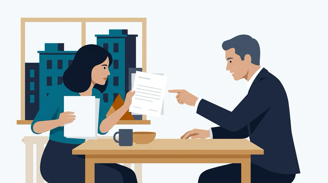 A flat illustration of a home buyer holding association documents while a real estate agent points to a page, with a condo building outside the window