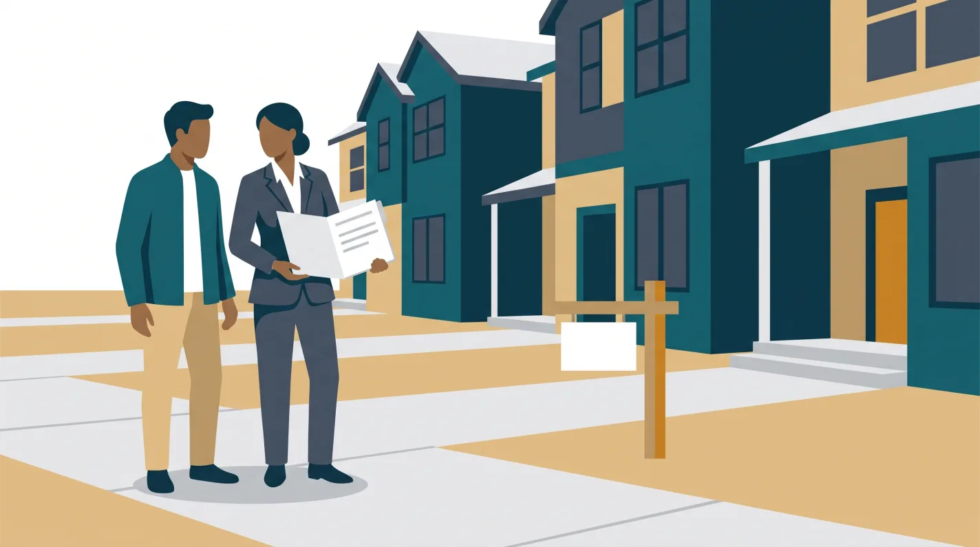 A home buyer and their real estate agent stand on the sidewalk outside a row of townhomes, reading through the HOA documents before an offer