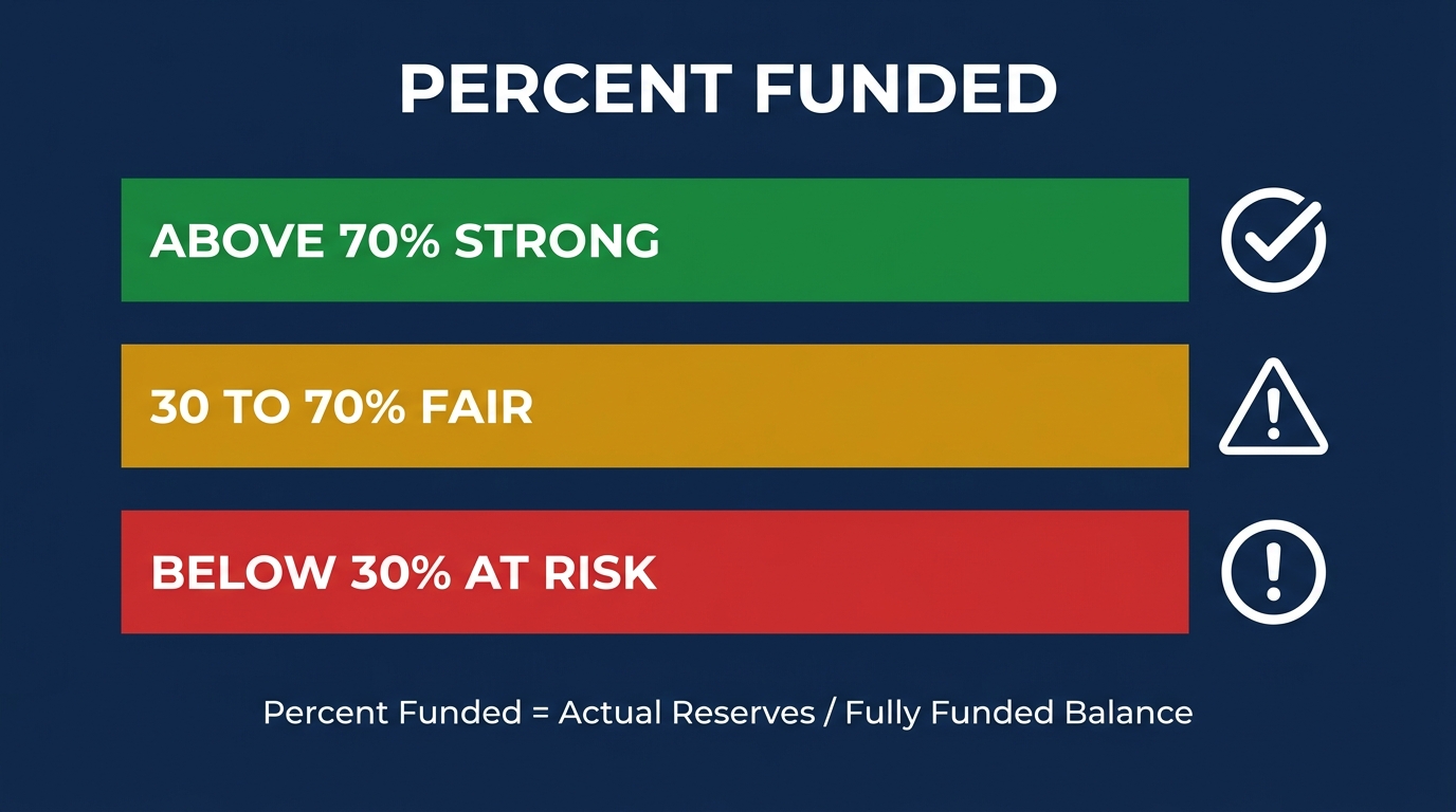Percent funded tiers: above 70% is strong, 30 to 70% is fair, below 30% is at risk, with the formula actual reserves divided by fully funded balance