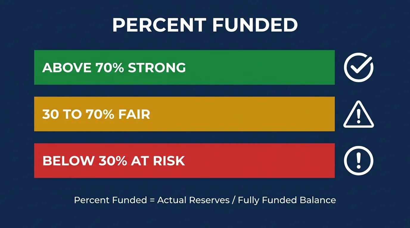 Percent funded tiers: above 70% is strong, 30 to 70% is fair, below 30% is at risk, with the formula actual reserves divided by fully funded balance