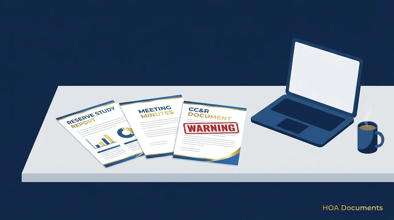 HOA documents spread on a table: reserve study, meeting minutes, and budget showing special assessment warning signs