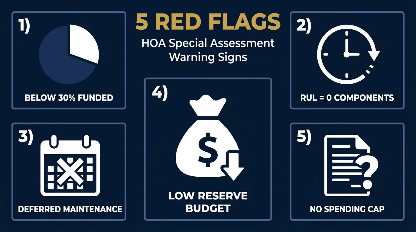 Infographic showing 5 HOA special assessment red flags: percent funded below 30%, RUL=0 components, deferred maintenance in minutes, low reserve contribution, and no CC&R spending cap