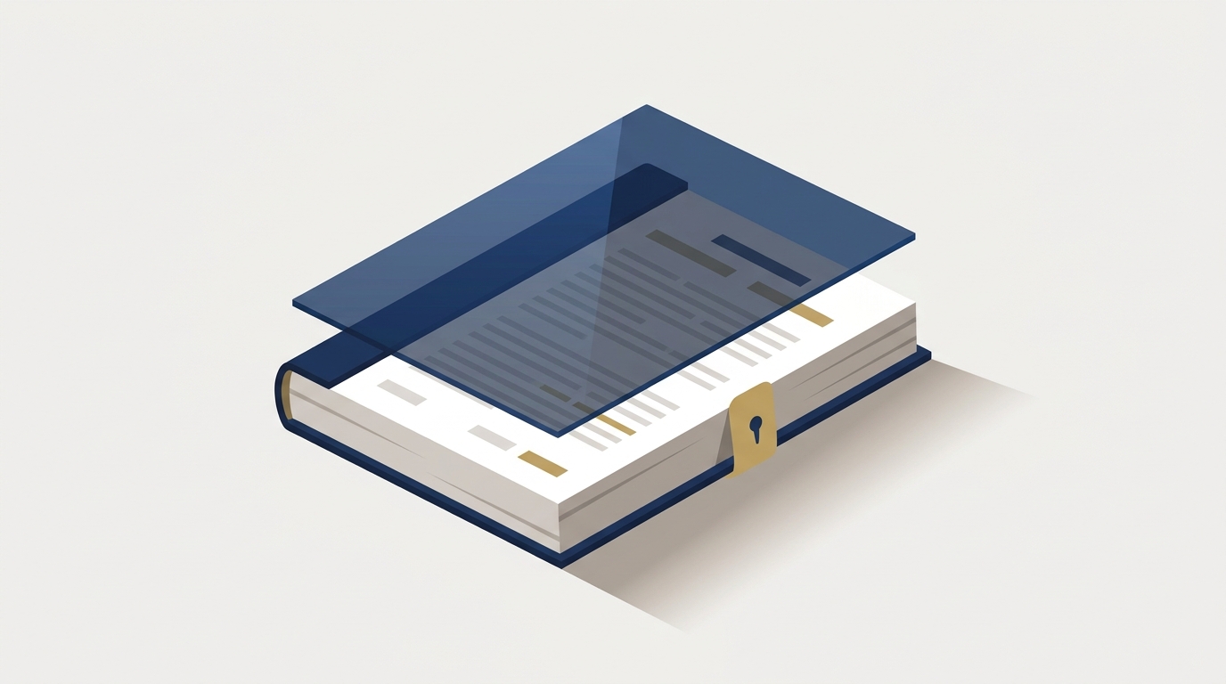 A flat vector illustration of a bound declaration document with a translucent blue pane resting over its upper portion, dimming the paragraphs beneath it while the uncovered lower portion stays crisp