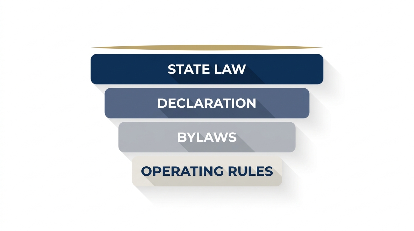 A flat vector diagram showing four stacked layers labeled state law, declaration, bylaws and operating rules, with the state law layer widest and sitting above the others