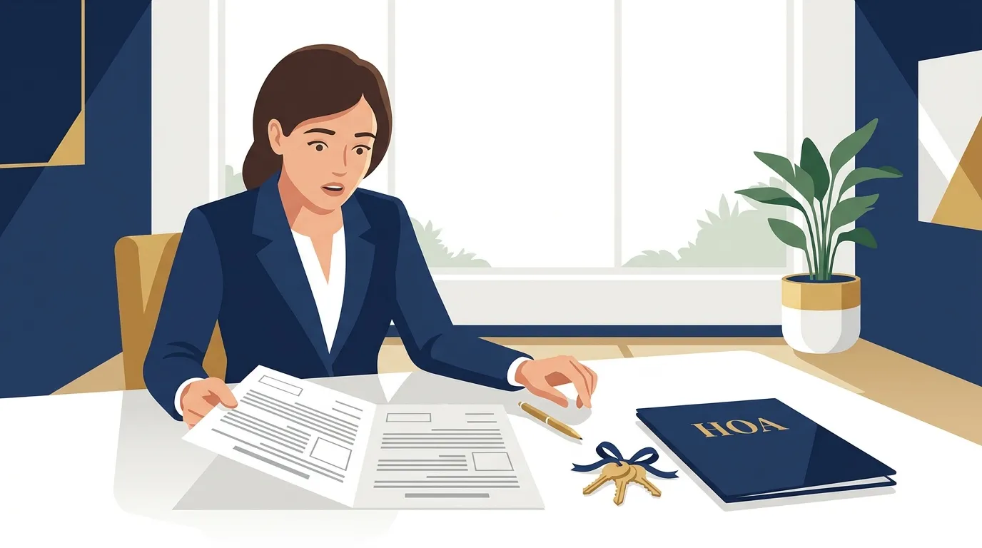 A condo buyer at a closing table reviewing an itemized list of HOA fees with a settlement statement