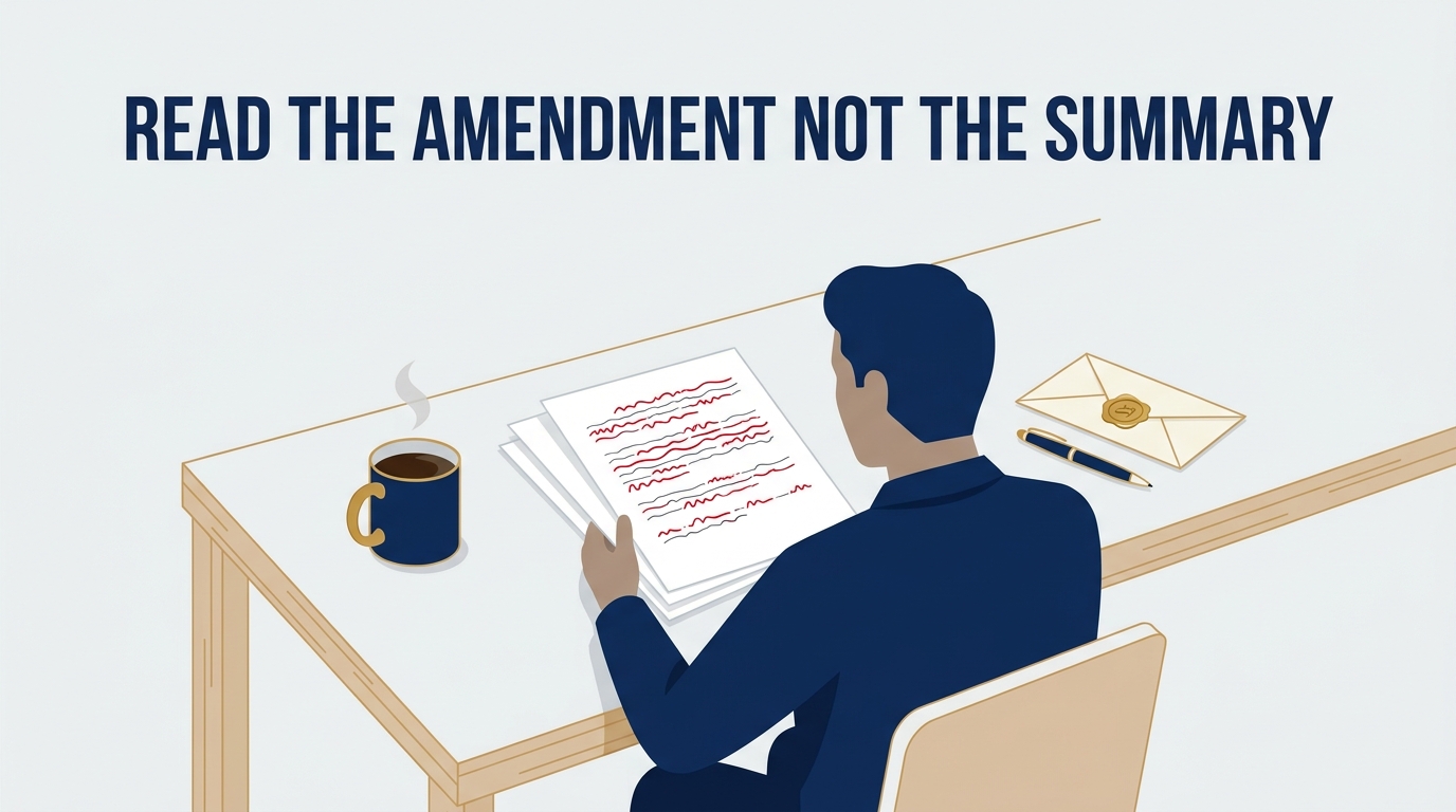 A homeowner at a kitchen table reading a CC&R amendment redline next to a sealed secret ballot envelope