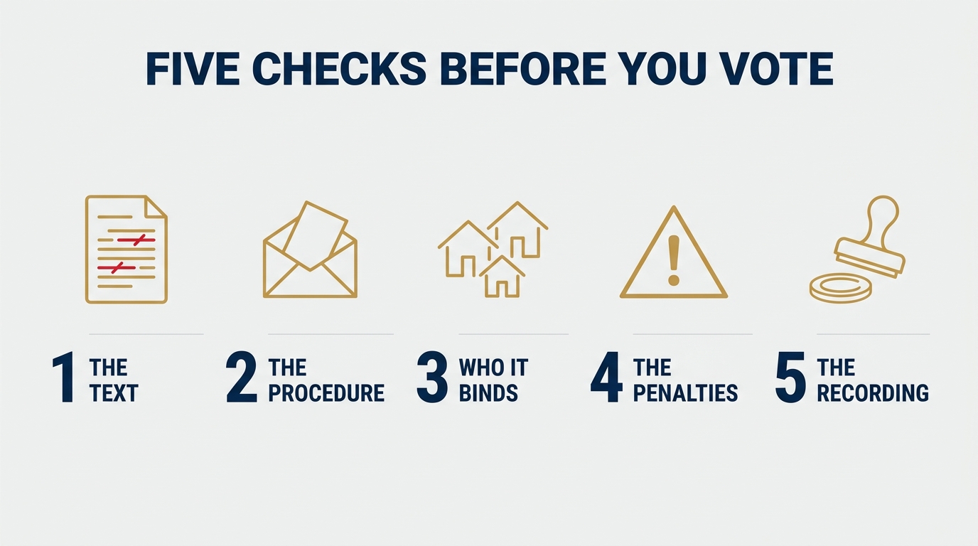 Infographic showing five checks on a CC&R amendment ballot: the text itself, the election procedure, who it binds, enforcement powers, and recording