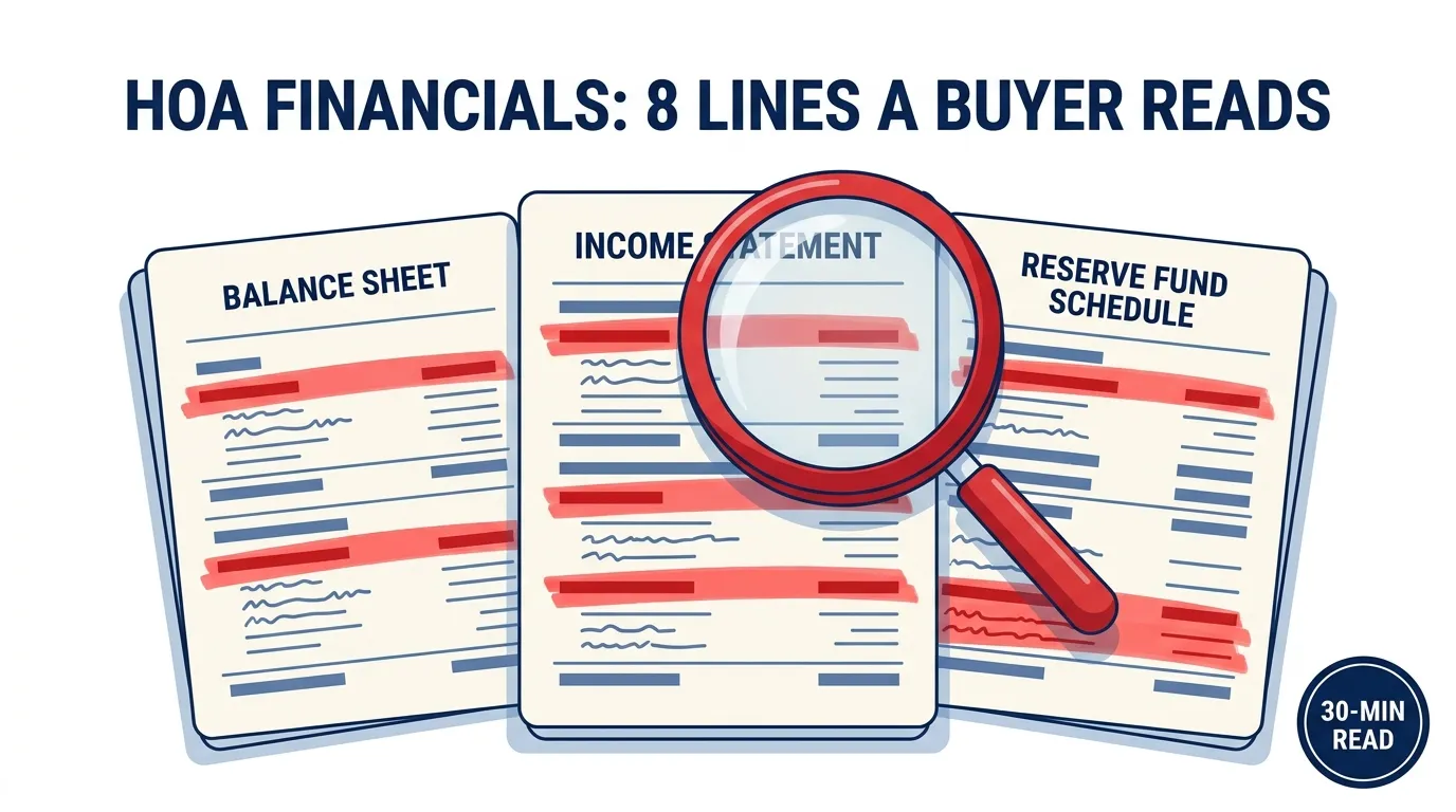 HOA balance sheet, income statement, and reserve fund schedule with 8 buyer-relevant lines highlighted