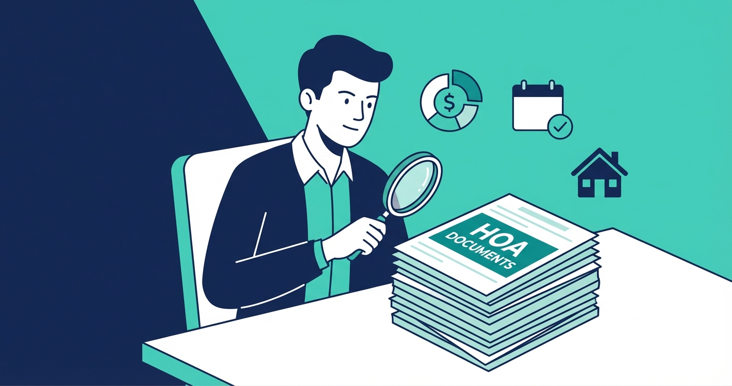 How to Review HOA Documents - Person reviewing documents with magnifying glass