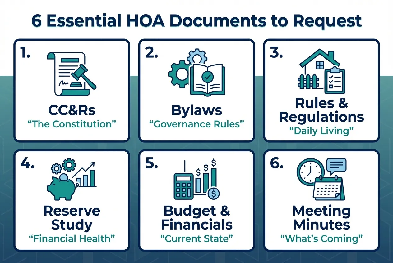 6 Essential HOA Documents: CC&Rs, Bylaws, Rules & Regulations, Reserve Study, Budget & Financials, Meeting Minutes