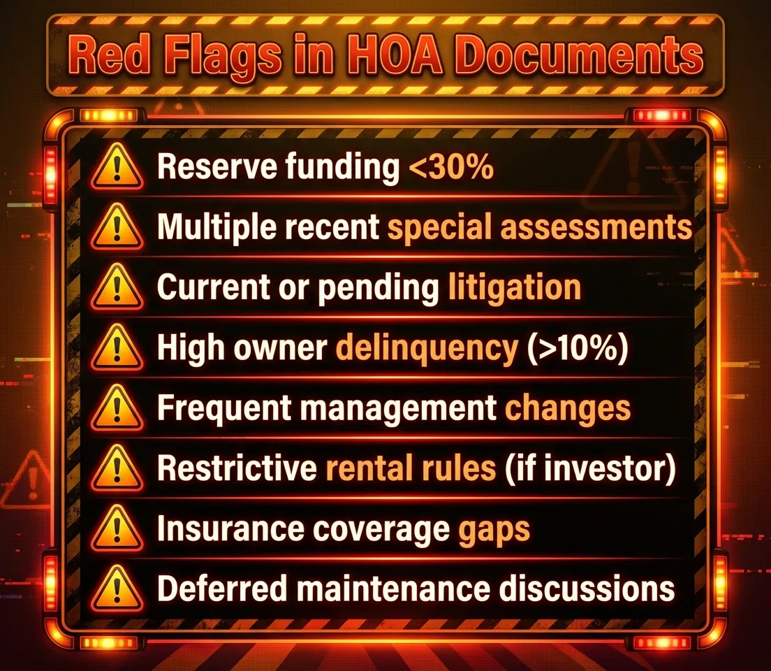 Red Flags in HOA Documents: Reserve funding under 30%, multiple assessments, litigation, high delinquency, management turnover, insurance gaps