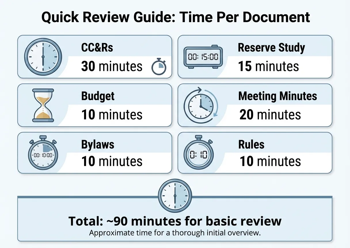 Quick Review Guide showing time per document: CC&Rs 30min, Reserve Study 15min, Budget 10min, Meeting Minutes 20min, Bylaws 10min, Rules 10min. Total: ~90 minutes for basic review
