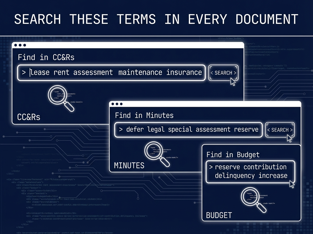 Search Terms Graphic showing Ctrl+F terms for each document type