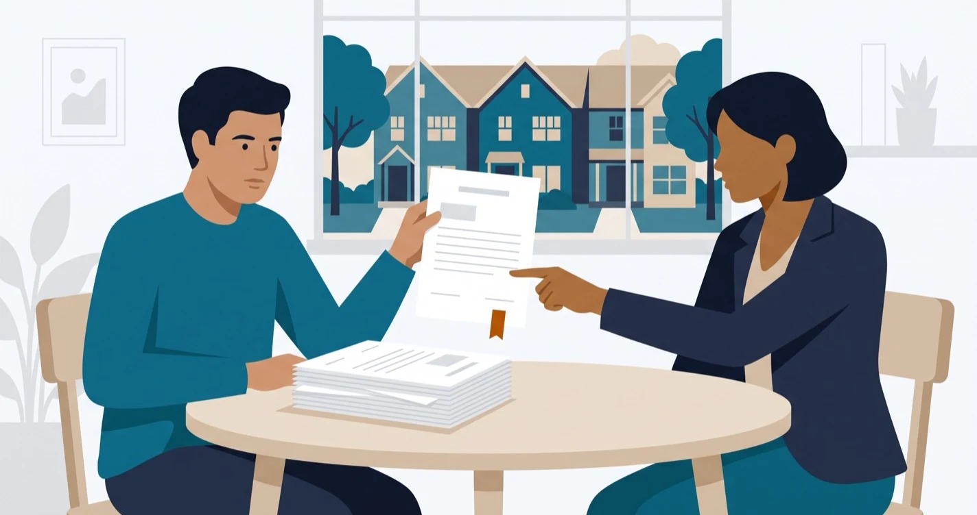A home buyer at a kitchen table holds up a page from a stack of HOA documents while their real estate agent points to a line on it