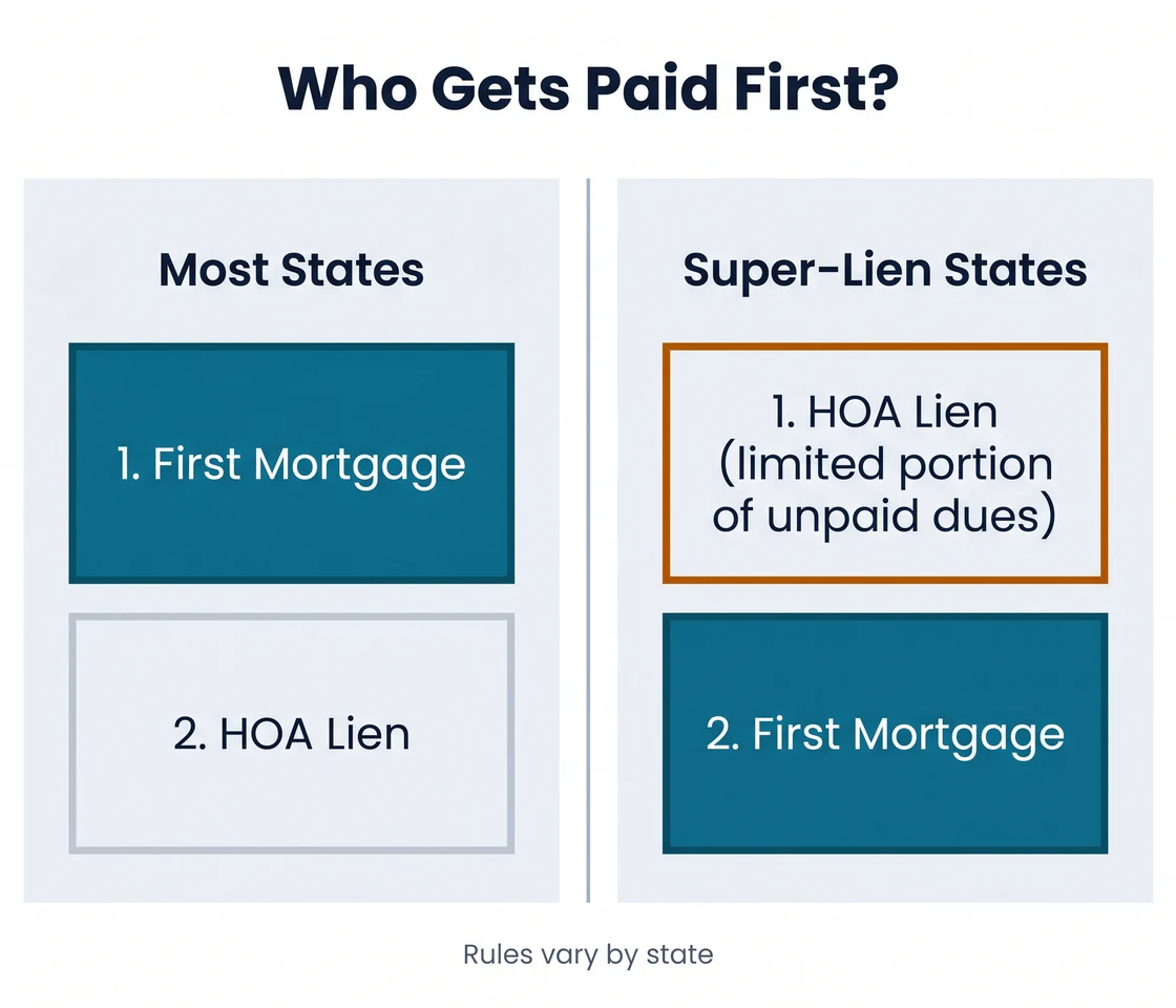 Who gets paid first: in most states the first mortgage comes before the HOA lien; in super-lien states a limited portion of unpaid HOA dues comes before the first mortgage. Rules vary by state.