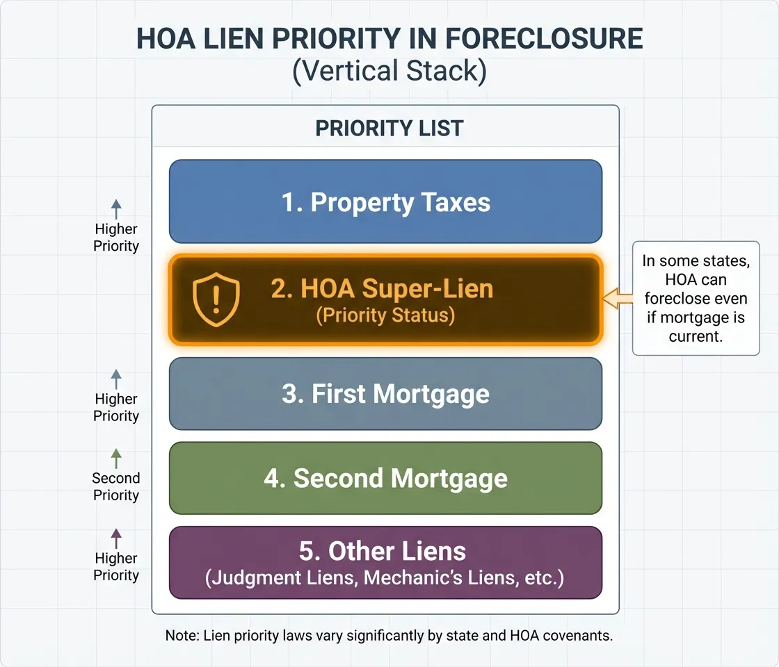 HOA lien priority diagram showing Property Taxes at top, HOA Super-Lien second (highlighted), then First Mortgage, Second Mortgage, and Other Liens