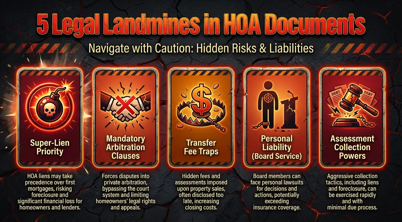 Infographic showing 5 legal landmines in HOA documents: Super-Lien Priority, Mandatory Arbitration, Transfer Fee Traps, Personal Liability, and Assessment Collection Powers