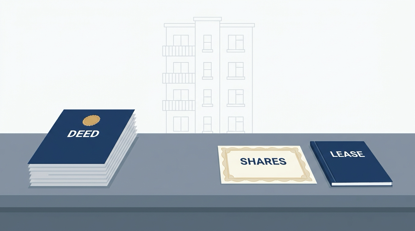 A flat vector illustration of two document stacks side by side, the left topped with a deed and the right topped with a share certificate and a bound lease, both resting on the same apartment building floorplan