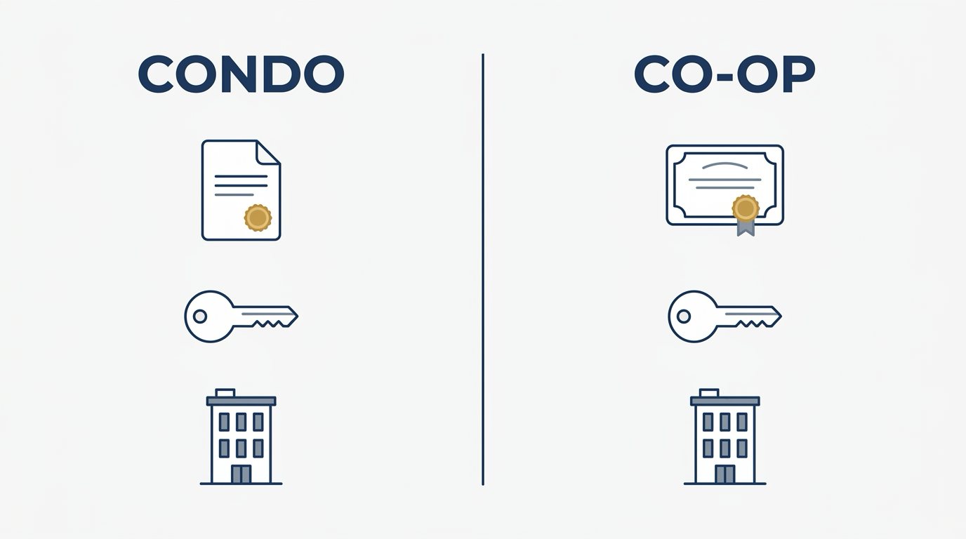 A two-column flat vector comparison. The left column is headed CONDO and shows a document with a gold seal, a house key and an apartment building. The right column is headed CO-OP and shows an ornate certificate with a gold seal, an identical house key and an identical apartment building.