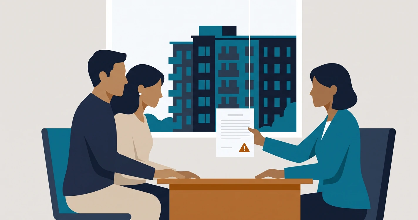 Illustration of a couple at a desk with a loan officer who holds a document marked with an amber warning sign, a condo building visible through the window
