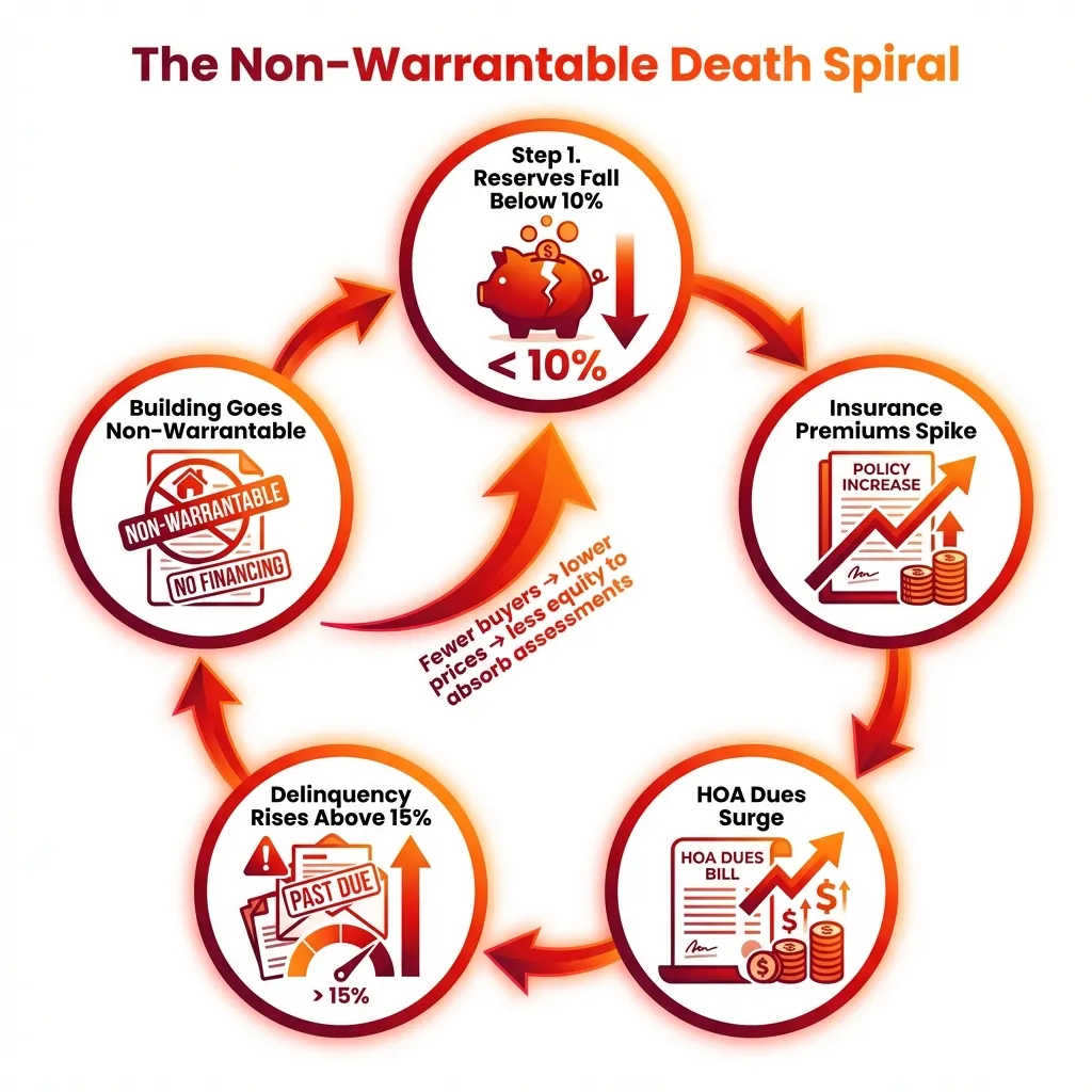The Non-Warrantable Death Spiral: flow diagram showing how low reserves lead to insurance spikes, delinquency, and financing denial