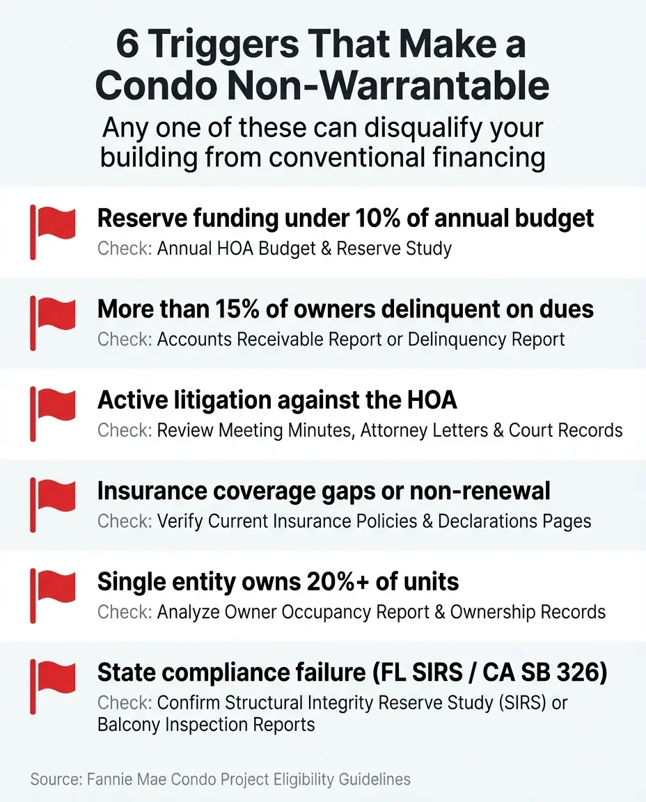 6 Triggers That Make a Condo Non-Warrantable: reserve funding, delinquency, litigation, insurance, investor concentration, state compliance
