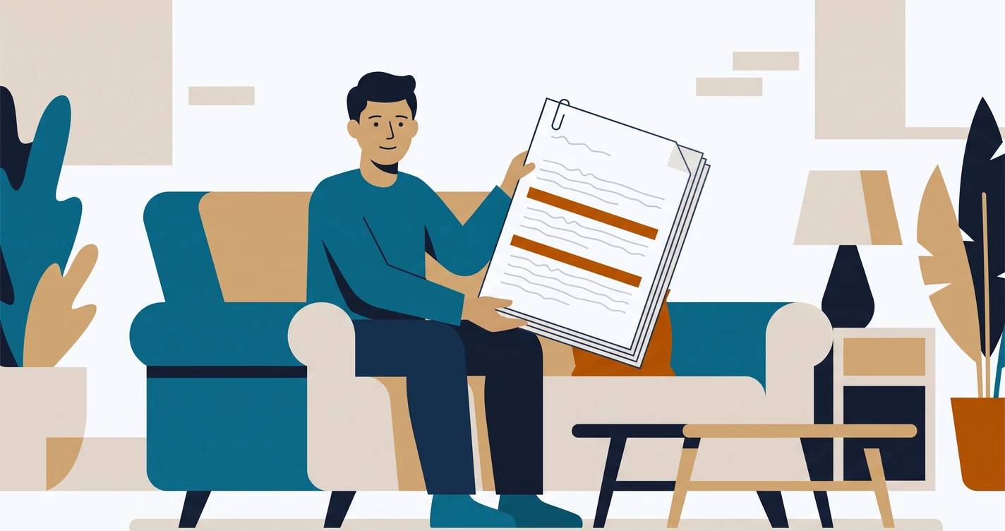 Illustration of a home buyer on a sofa holding stapled meeting minutes with several lines highlighted in amber
