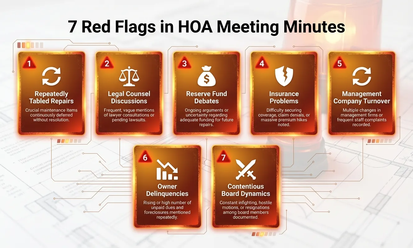 7 red flags in HOA meeting minutes: tabled repairs, legal issues, reserve debates, insurance problems, management turnover, delinquencies, board conflicts
