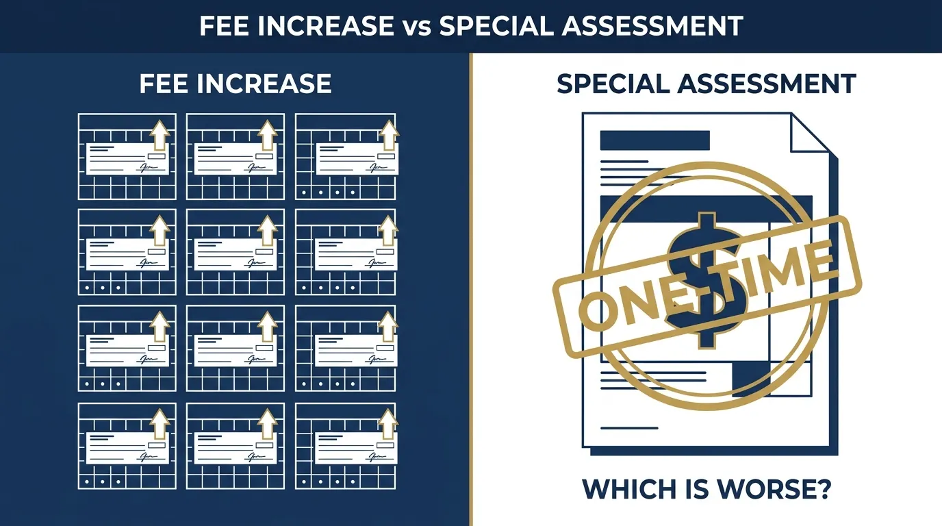 Side-by-side comparison of an HOA fee increase notice and a special assessment notice with buyer impact markers