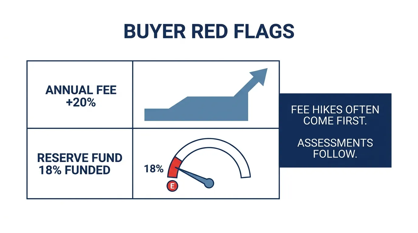 Buyer red flags: a 20% annual fee increase paired with a reserve fund only 18% funded, signaling that a special assessment is likely to follow