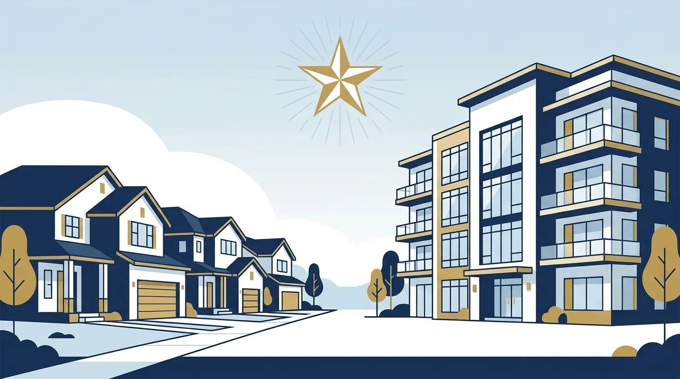 The Texas flag over a residential subdivision, illustrating Texas HOA laws for homebuyers