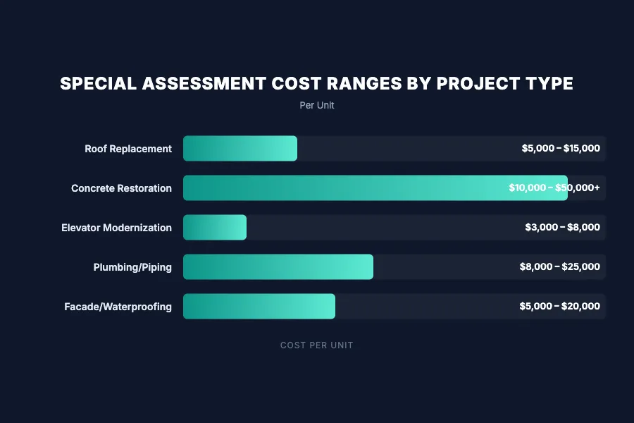 Infographic showing special assessment cost ranges by project type: roof replacement $5K-15K, concrete restoration $10K-50K+, elevator modernization $3K-8K, plumbing/piping $8K-25K, facade/waterproofing $5K-20K