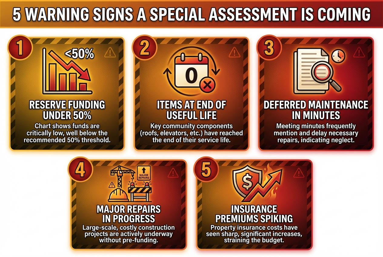 Infographic showing 5 warning signs of a special assessment: reserve funding under 50%, items at end of useful life, deferred maintenance in minutes, ongoing repairs, insurance premium spikes