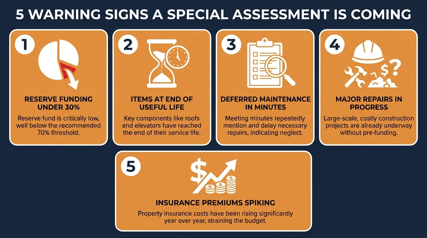 Infographic showing 5 warning signs of a special assessment: reserve funding under 30%, items at end of useful life, deferred maintenance in minutes, ongoing repairs, insurance premium spikes